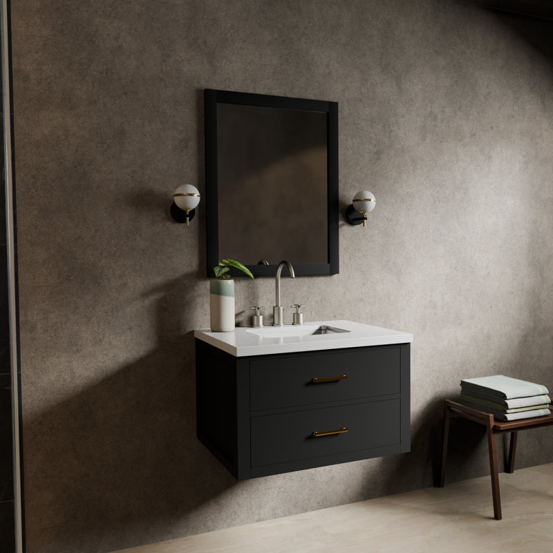 Castor 30 in W x 22 in D Single Bath Vanity and 28 in Mirror, Black, White Quartz