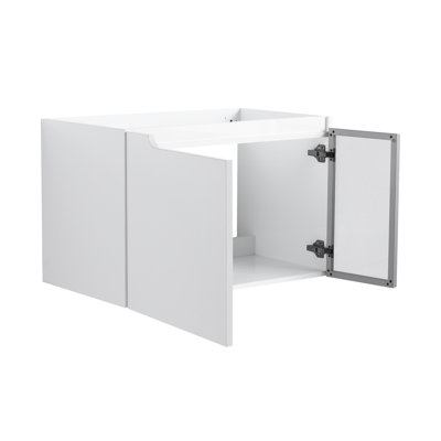  Base de meuble-lavabo mural contemporain blanc brillant, deux portes en verre gris