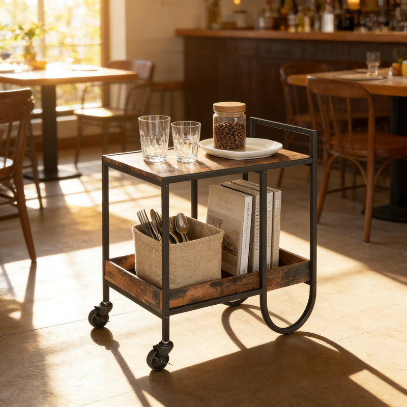 Chariot-bar roulant à 2 niveaux avec support à vin amovible, roues verrouillables et plateau en bois rustique pour la cuisine, la salle à manger et le service de divertissement à domicile