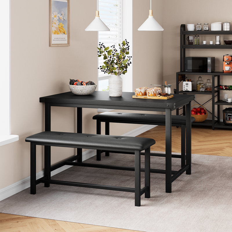 Ensemble de table de salle à manger 3 pièces pour 4 personnes avec 2 bancs rembourrés - Table de cuisine rectangulaire en métal et bois pour petits espaces, appartement, studio - noir