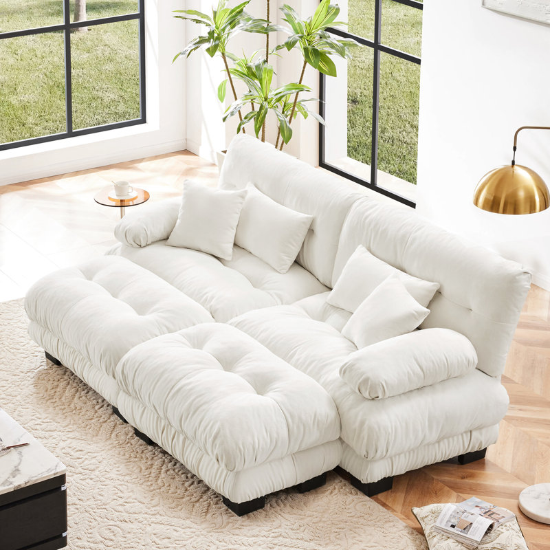 Chenille 2 places, canapé-lit Cloud pour le salon avec repose-pieds, coussins lombaires et coussins décoratifs, accoudoir large rembourré, tissu blanc et expérience relaxante