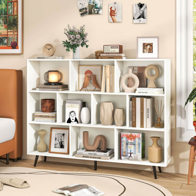 10 Cube Bookcase 3-Tier Modern Storage Organizer with 5 Metal Legs Bookshelves by George Oliver