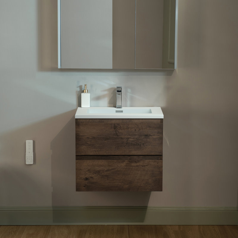 24" Wall Mounted Floating Vanity with Resin Composite Vanity Top, White, Rose Wood, 24"