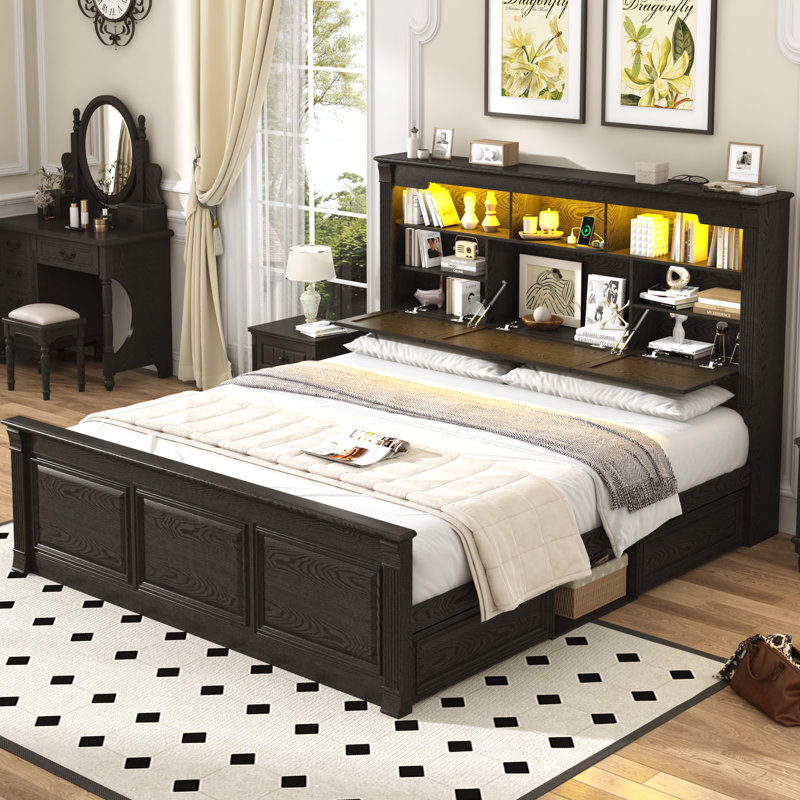 Farmhouse Bed Frame With Bookcase Storage Headboard, Charging Station And LED Lights, King, Wood Grain Black