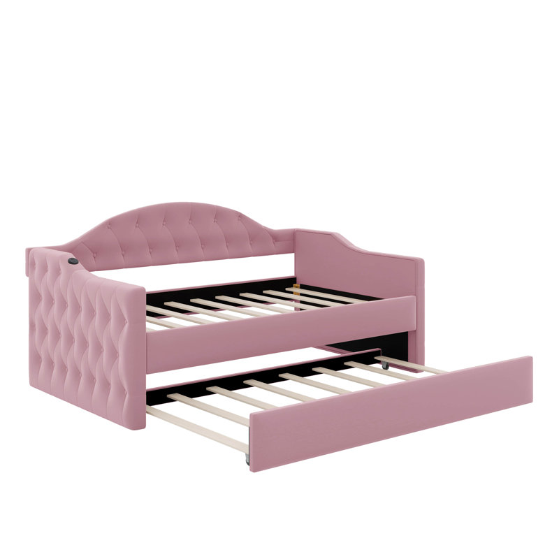Twin Tufted Velvet Upholstered Daybed With Trundle, Pink