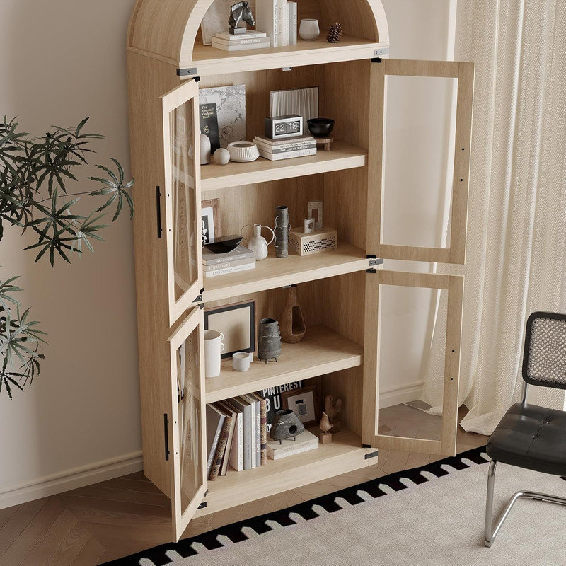 Bibliothèque de campagne arquée 71,4 "avec portes en verre, vitrine en bois pour le salon et la cuisine, Naturel