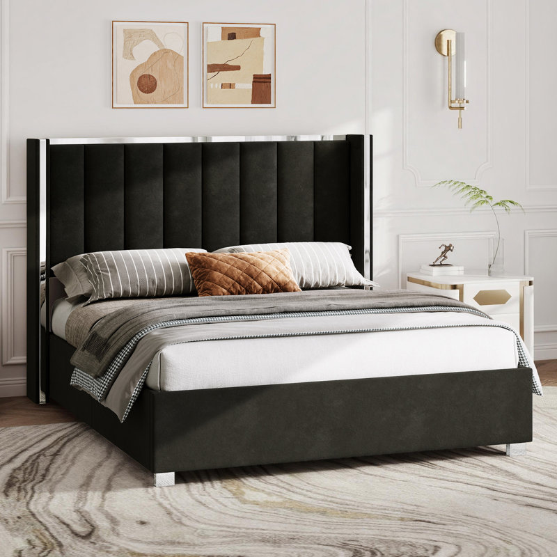 Modern Velvet Upholstered Wingback Bed With Vertical Channel Tufted Headboard, Double (4'6), Black