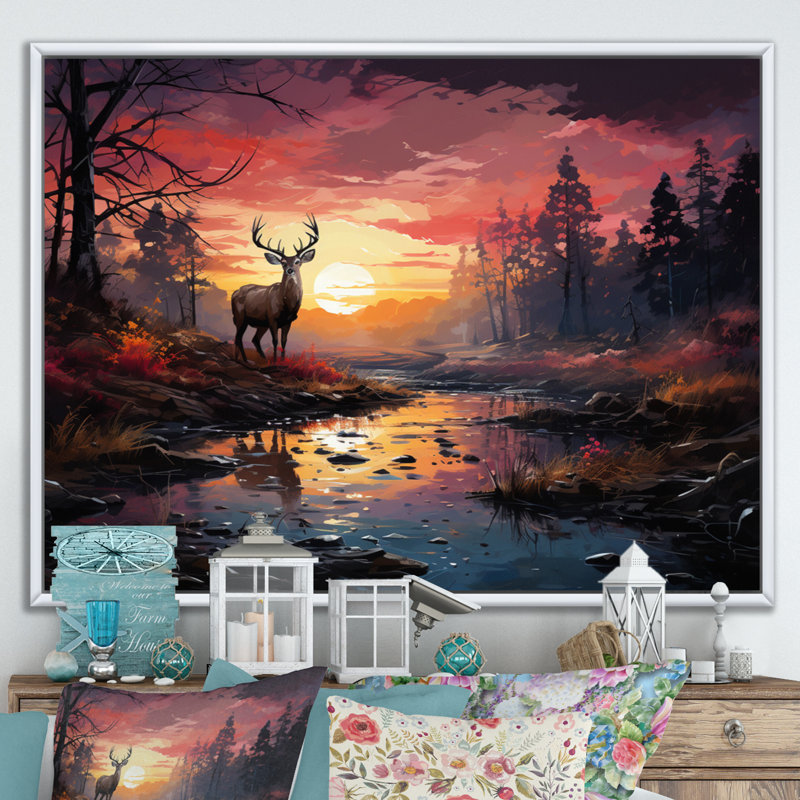 «Deer Enchanted Twilight II», reproduction sur toile, H 16 po x l 32 po x P 1 po, Cadre flottant blanc