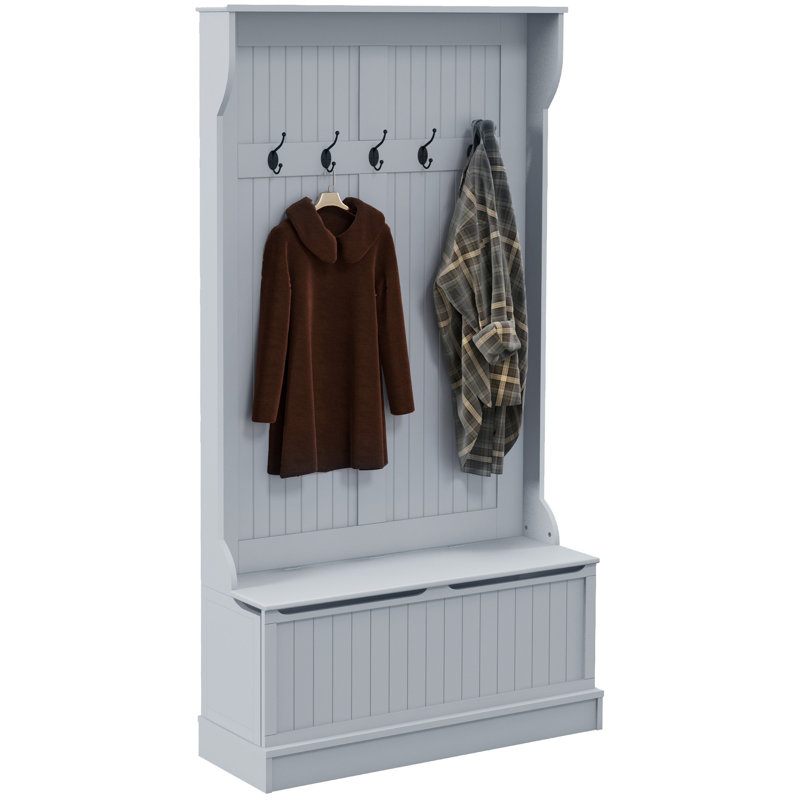 3-In-1 Entryway Hall Tree With Storage Bench, Coat Rack With Five Hooks And Shoe Storage, Gray