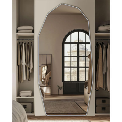 76" X 34" Diamond-Shaped Full Length Mirror, Silver Aluminum Frame, Wall-Mounted, Leaning, Or Free Standing Modern Floor Mirror For Bedroom, Living Room, Or Bathroom