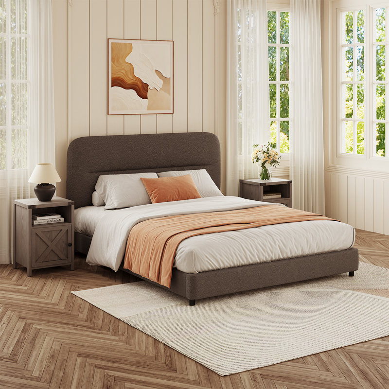 3 Piece Upholstered Bedroom Set,Bed Frame With Set Of 2 Nightstands, Gray/Gray, Queen