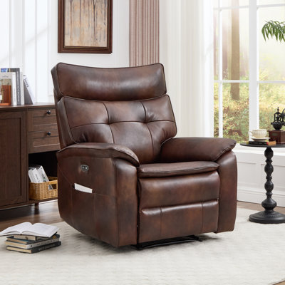 35.8" Wide Sleek Modern Top Genuine Leather Upholstered Power Recliner With Side Pocket & USB Port by Hokku Designs