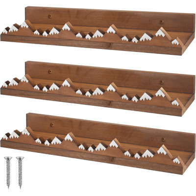 Wooden snow mountain floating shelf nursery steps, dark brown Children's room wall hanging book display, rustic wooden steps with mountain patterns, 3-piece set