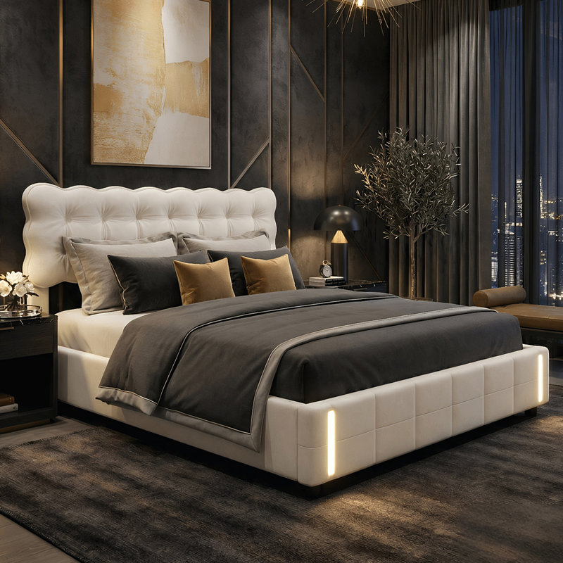UK & EU Sizes Velvet Ottoman Bed With Motion Sensor LED Lights, Upholstered Cloud Tufted Frame, Beige, Kingsize (5')