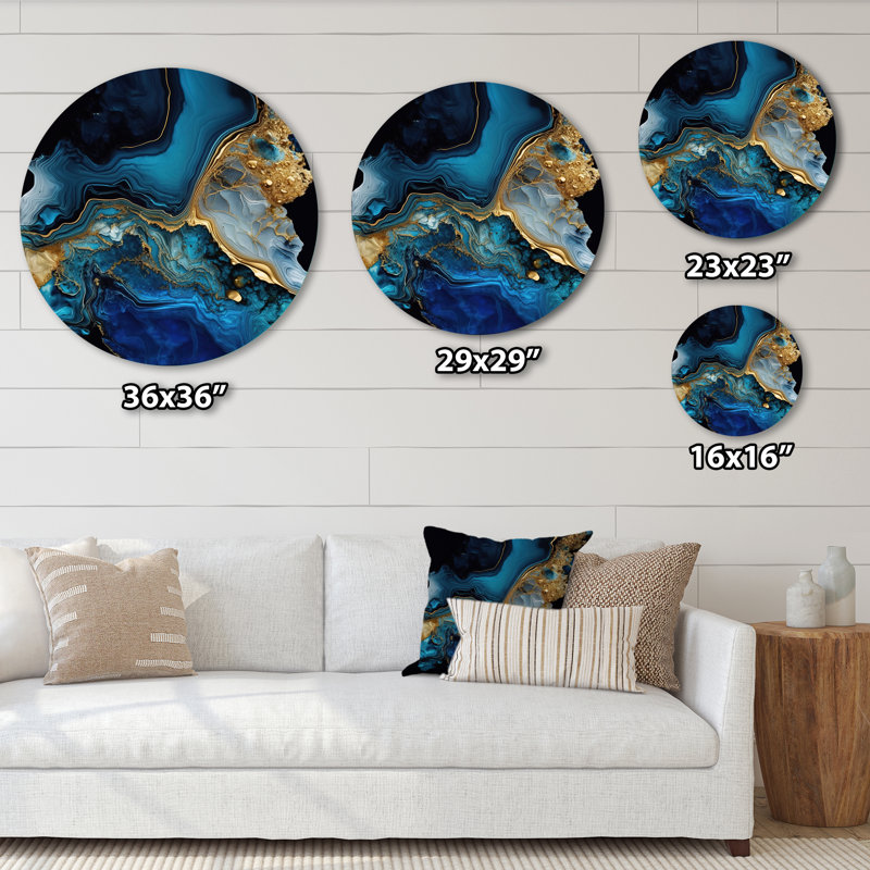 Géode abstraite or et marbre bleu IV - Décoration murale abstraite ronde en métal, H 16 po x l 16 po