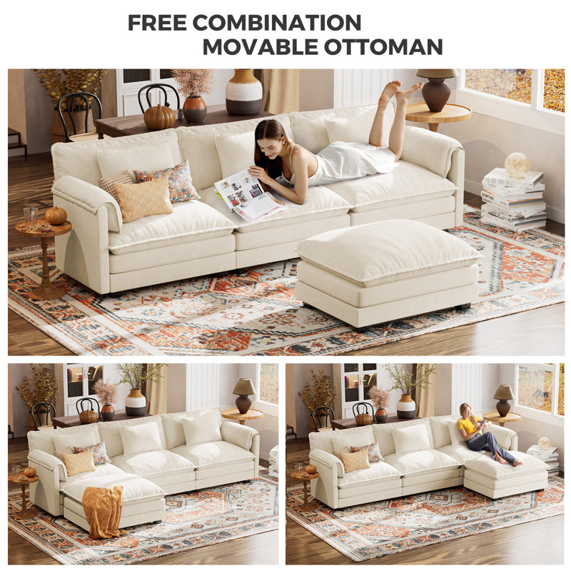 4-Piece 115'' Reversible Modern Upholstered L-Shape Sectional Sofa With Ottoman- Premium VelvetFabric
