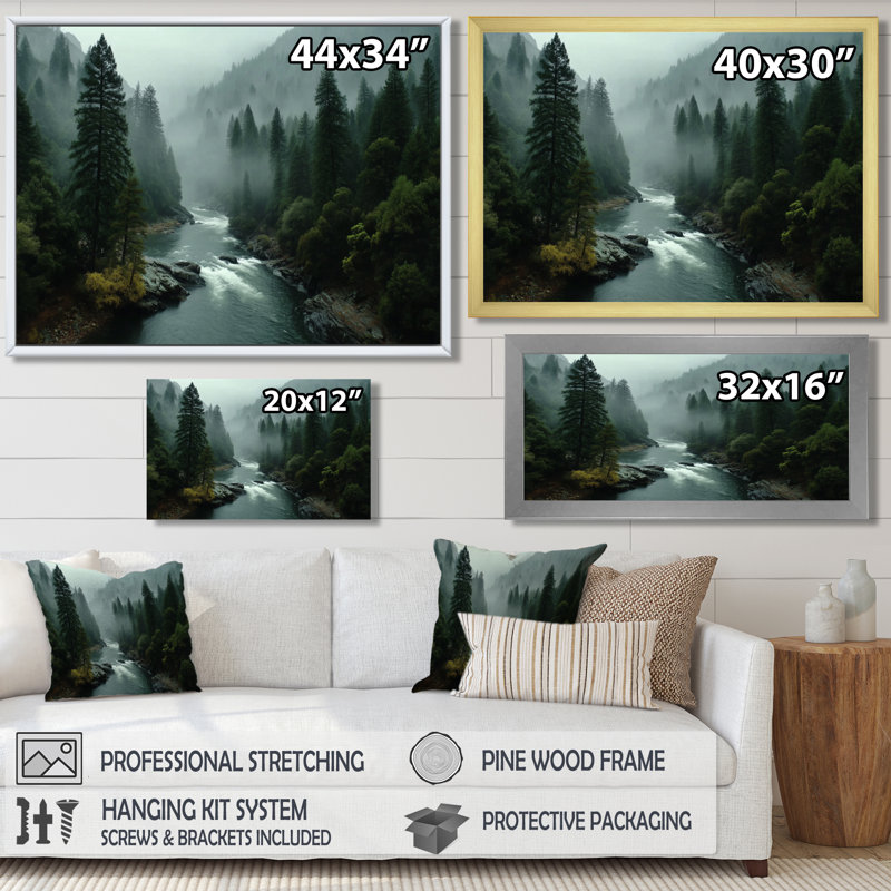 «Morning Mist In The Vancouver Mountains - Forest River Mountains, reproduction d'art sur toile, paysage vert», Toile tendue