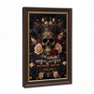 Ornement de crâne couronné orné de livres et d'art de toile d'Halloween noir