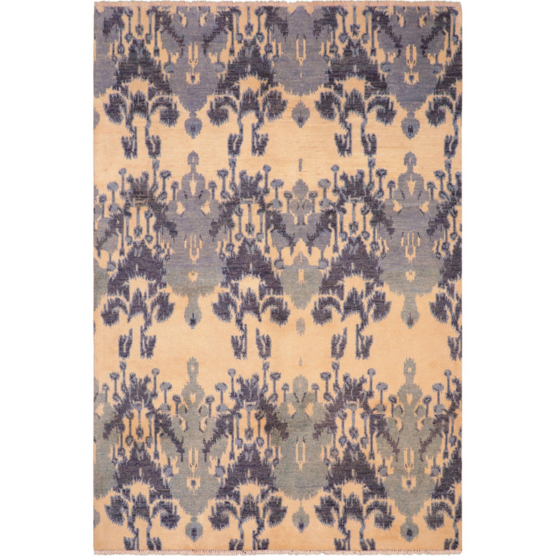 Tapis beige / bleu en laine noué à la main à motif floral 6 pi 0 po x 8 pi 5 po Sandie