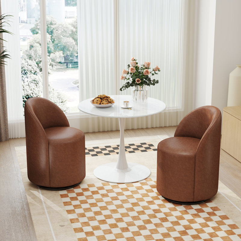 Mid-Century Dining Set With Round Pedestal Dining Table With Metal Base And Swivel Upholstered Barrel Back Dining Chairs For Kitchen/Dining Room