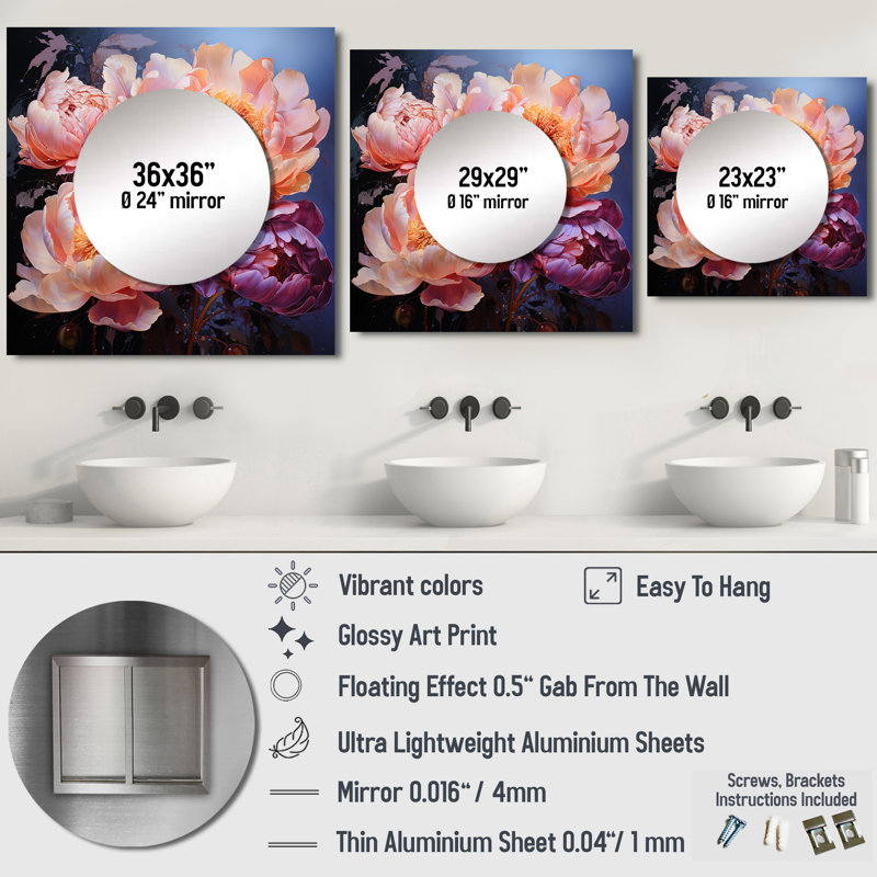 Quilliam - Grand miroir carré floral pour décoration murale, 23 po x 23 po