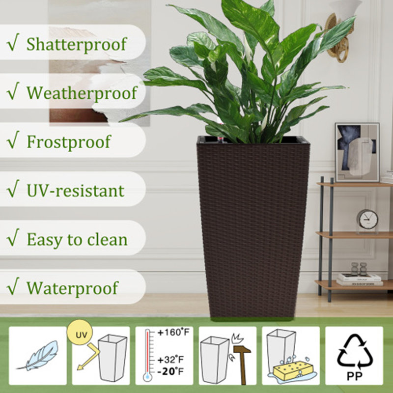 Indoor/Outdoor Modern Faux Rattan Design Square Planter, 22.6 inch Plastic Large Planter with Automatic Watering System for Home and Garden (, 22.6 inch - 2 Pack)