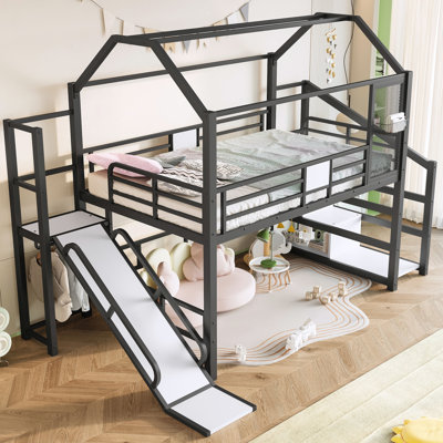 Full House Loft bed with Slide and Stairs, Metal Playhouse Bed with Storage Shelves, House-shaped Roof and Noise-free Design, Black