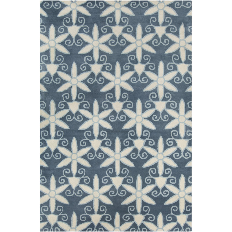 Tapis en laine à motif floral étoile transitionnel bleu et crème touffeté à la main Ailey