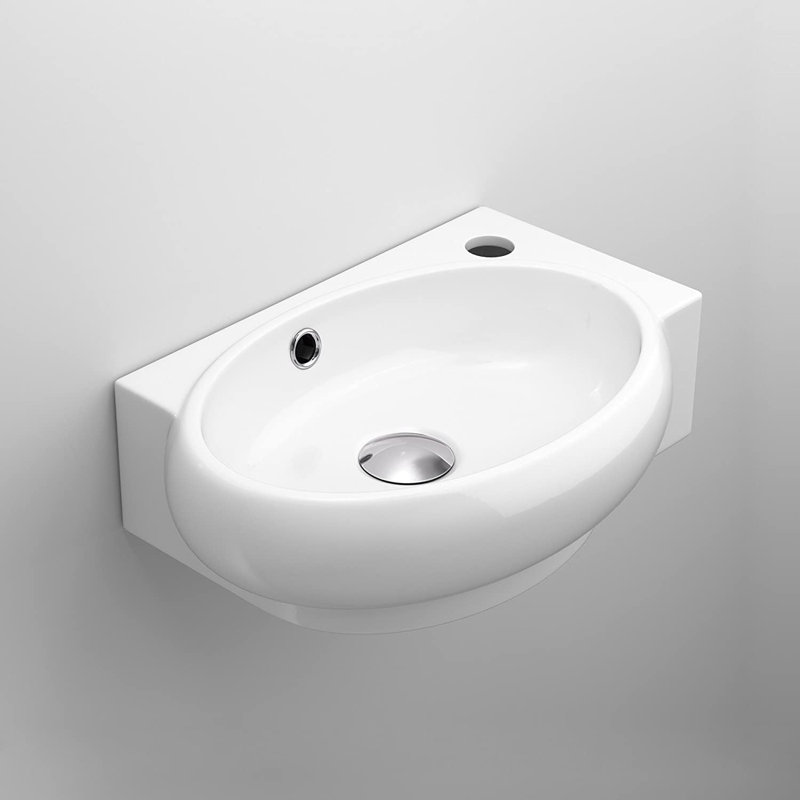 iBathUK Zelma Compact Wall Hung Bathroom Sink, Modern Ceramic Basin (Right Hand), Space Saving Wall Hung Cloakroom Basin