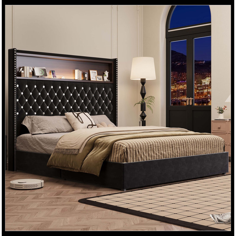 Cadre de lit doux en velours pour grand lit avec port USB et veilleuse, tête de lit de 52 po de hauteur avec décoration rivetée, lit plateforme à oreilles avec tablette de tête de lit, noir