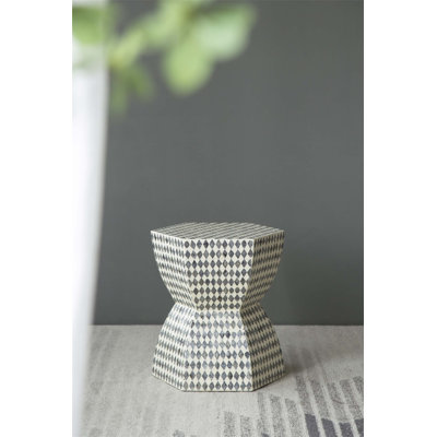 Hexagonal Garden Capiz Stool, Accent Side Table With Black And White Patterning, Perfect For Indoor Use