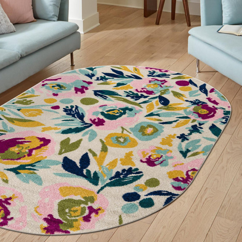 Holle Floral Area Rug, Oval 5'3" x 7'10", White/Navy Blue/Yellow