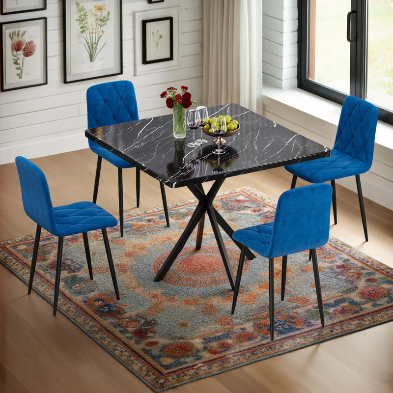 Ensemble de table de salle à manger 5 pièces pour 4, dessus et 4 chaises sans accoudoirs, Bleu