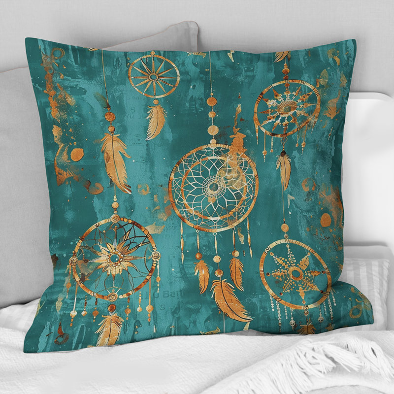 Coussin boho brun et turquoise Dreamcatcher III - Boho, Carrée, H 18 po x l 18 po