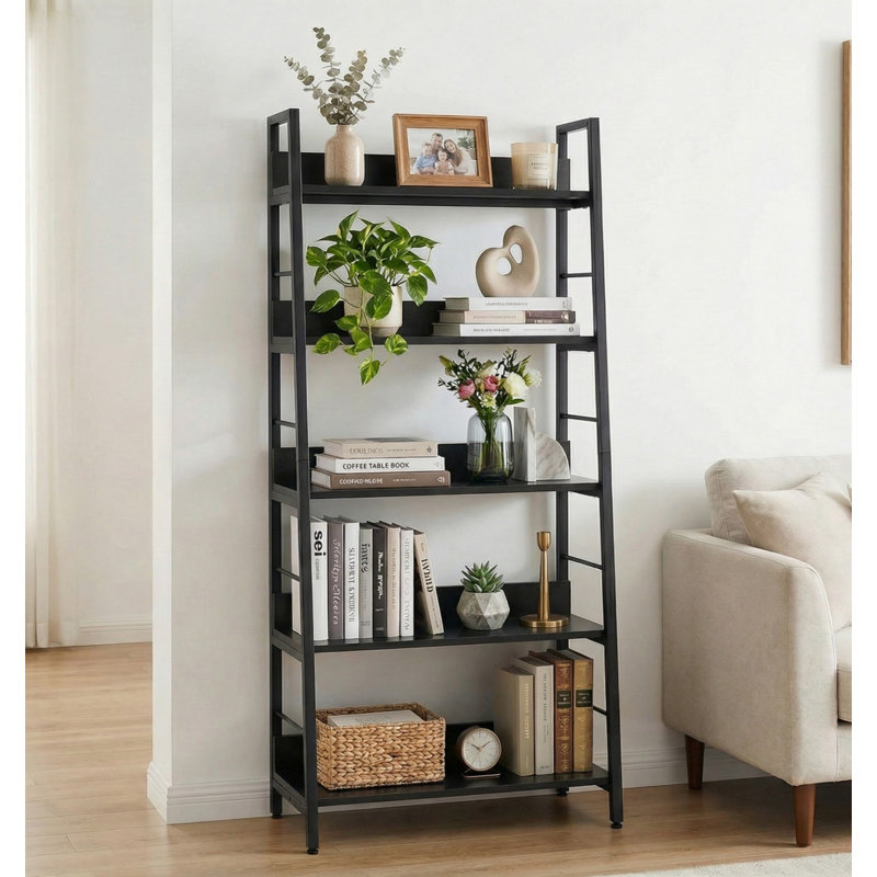 59.2" Ladder Bookcase, Rustic Industrial Wood Bookshelf Bookcase For Living Room, Bedroom, Home Office, Black