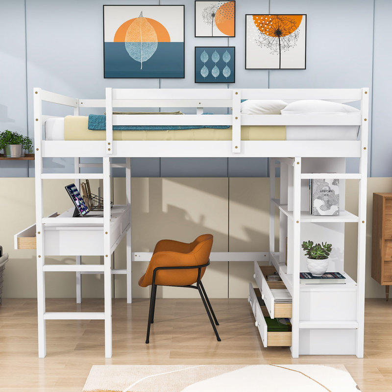 Genina Kids Full Loft Bed with Drawers, White