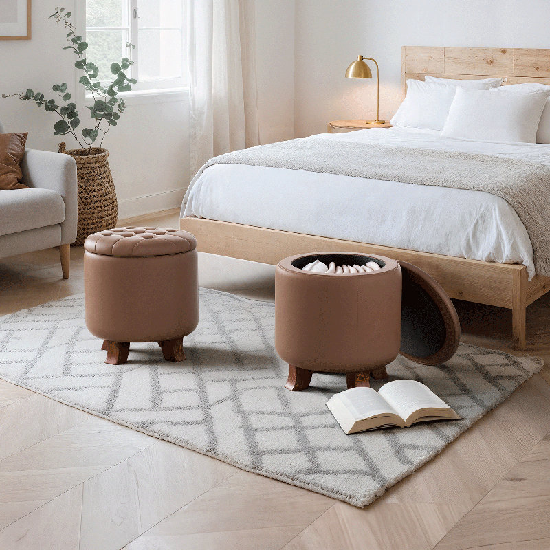 Upholstered Storage Ottoman Bench, PU Leather Button Tufted Ottoman Footrest Stool for Living Room, Brown