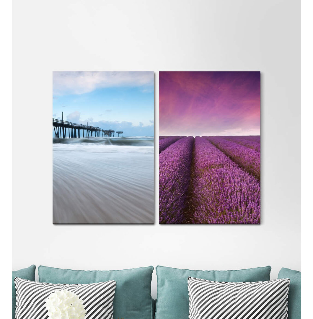 2-tlg. Leinwandbilder-Set - Fotografie „Bridge Sea Lavender Field Horizon Waves Violet”