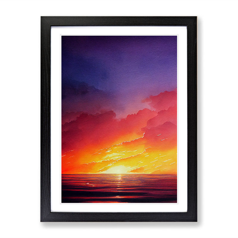 Ocean Sunset In Watercolour No.4 - Single Picture Frame Print, Black, 64cm H x 46cm W