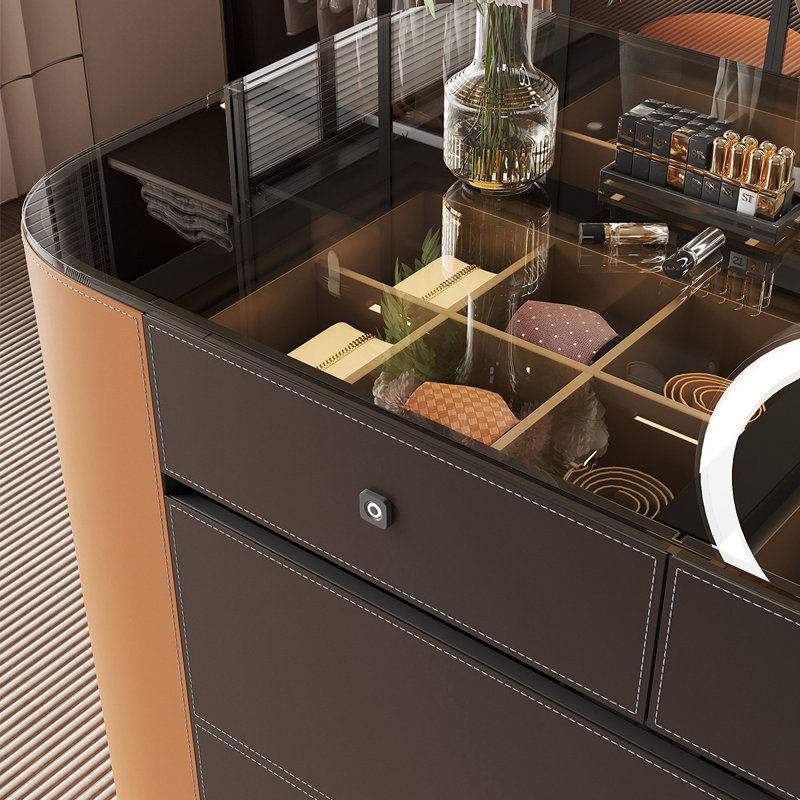 Comptoir rectangulaire en verre trempé transparent de 59,06 po, noir avec surface d'armoire en cuir brun pour armoire à bijoux