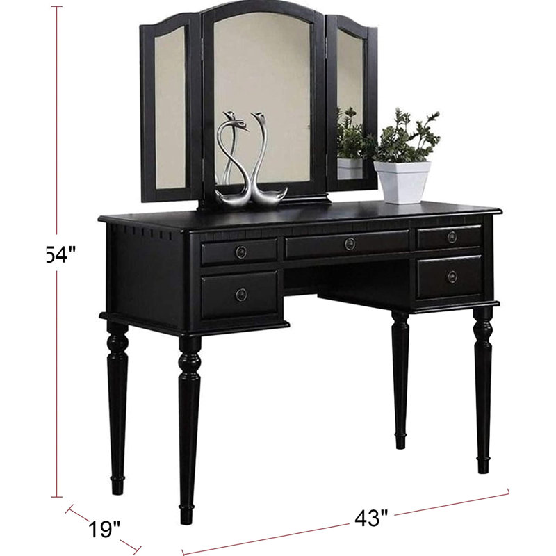 Contemporary Style Bedroom Vanity With Padded Stool And Drawers - Black Solid Wood Appearance, Black