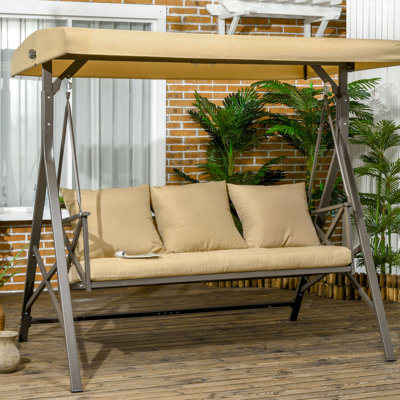 Balancelle à 3 porches avec coussin et auvent réglable, kaki - pour la cour arrière, le jardin, le bord de la piscine, l 45,86 po x H 70 po, grand 3 parasols extérieurs, brun