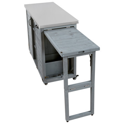 78.3" Outdoor Kitchen Island with Foldable Grill Table, Wooden Outdoor Grill Cart with Trash Can Storage & Stainless Steel Top, Outdoor Bar Cart