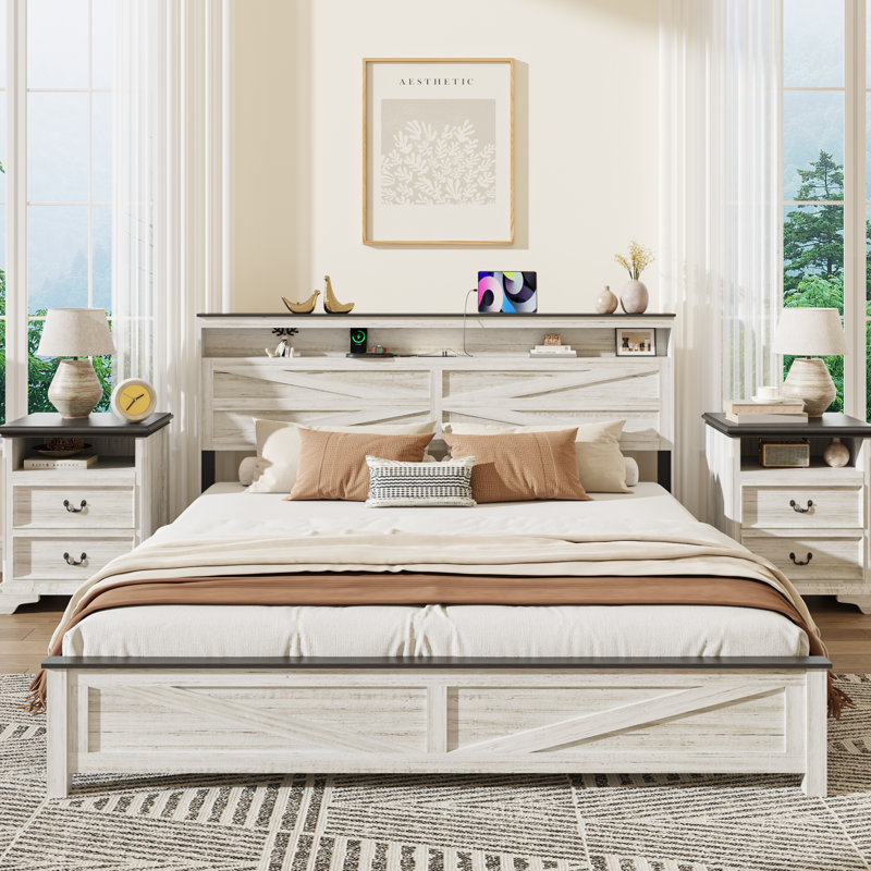 Wooden King Size Bed Frame with Storage Headboard, Farmhouse Platform Bed Frame with LED Lights and Charging Station, White
