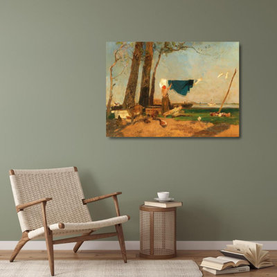 "Une lavandière sur la berge du Danube, près du Praterspitz" par Emil Jakob Schindler - Art mural sur toile tendue avec châssis