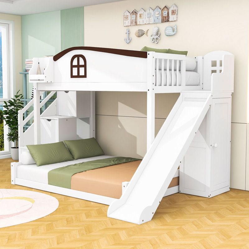 Lit superposé avec escalier de rangement, tablette, glissade et garde-robe, Naturel / espresso