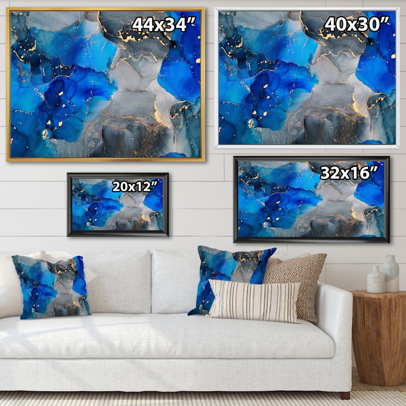 «Blue Luxury Abstract Fluid Art XV», reproduction sur toile, Cadre flottant noir, H 34 po x l 44 po x P 1,5 po