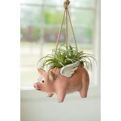  Handcrafted Ceramic Hanging Planter – Flying Pig – 5" Tall Set of 2