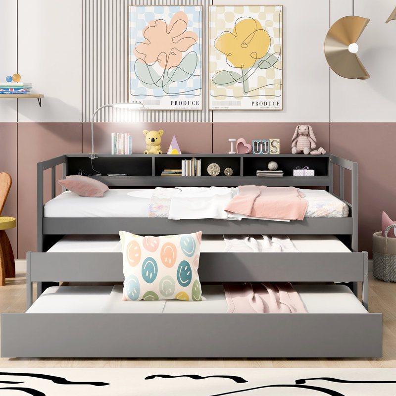 Daybed In Gray - Twin Xl With 2 Trundles, 3 , & Option Wood Storage Charging Helpful, Gray