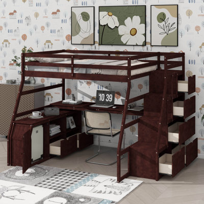 Full-Size Elevated Bed Equipped With 7 Drawers, 2 Shelves, And A Desk